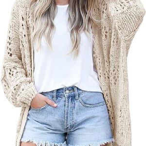 Women's cream/beige Knit Crochet Cardigan Sweater M long sleeves open front